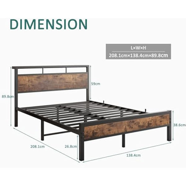 JELUTE Double Bed Frame with Wooden Storage Shelf Headboard, Metal Platform Bed Frame, No Box Spring Needed, Noise Free, Reinforced Strong Support Leg, Black
