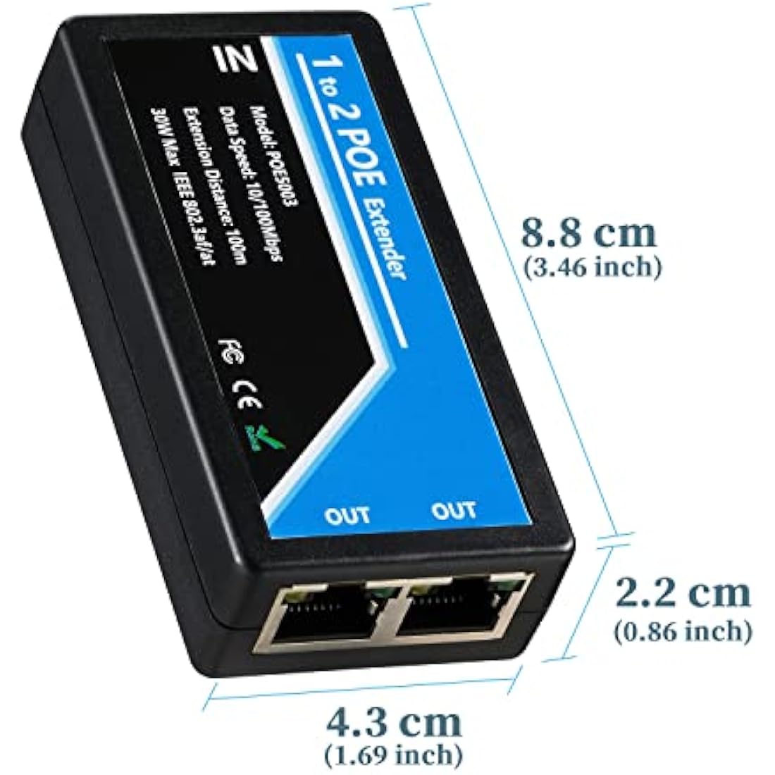 2 Port POE Extender Comply IEEE 802.3af/at Standard 10,100Mbps, POE Repeater 100 meters(328 ft) Extender 1 in 2 Out for POE IP Camera over Cat5/Cat6 or Better UTP Cables (POE5003)