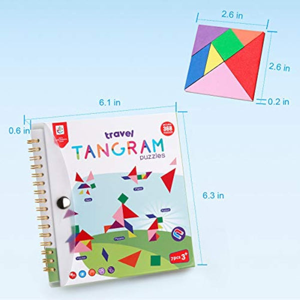 Coogam Travel Tangram Puzzle with 3 Set of Magnetic Tangram - Road Trip Tangoes Jigsaw Shapes Dissection Games with Solution - IQ Book Educational Toy Brain Teaser Gift for Kid Adult Challenge