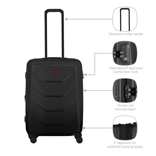 Wenger Prymo Medium hardside case with 4 Wheels, mid-Sized, 59 (67) L, Hardshell, Security Lock, for Men and Women, Travel or Vacation, Black, 612537
