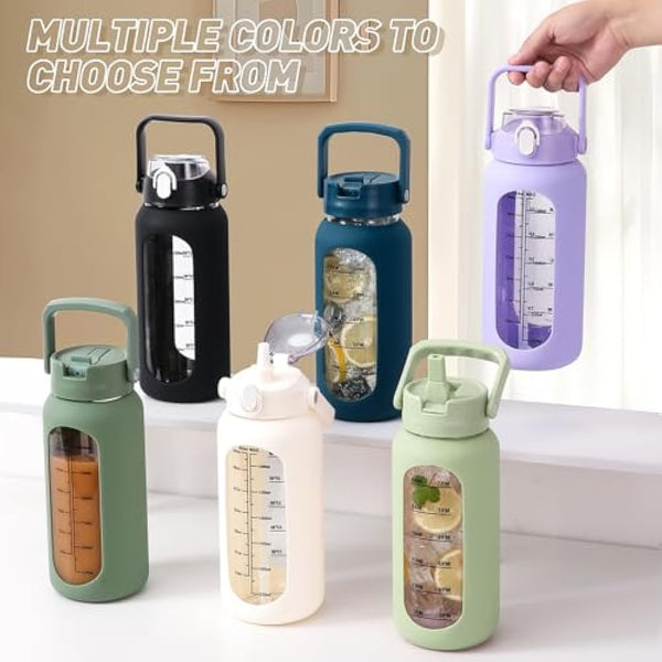 HYDRAGLAZIC 2L Glass Water Bottle with 2 Lids Flip and Chug Lids 2 Liter Large Water Jug with Time Marker and Silicone Sleeve BPA Free Leak-proof for Sports Gym, Light Green