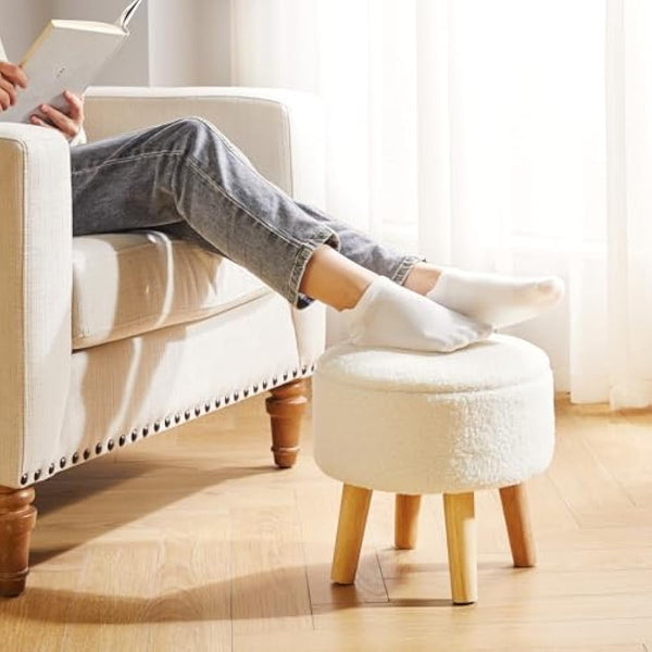 IBUYKE 13 Inch Small Footstool Ottoman with Storage, Round Pouffe Foot Rest with Padded Seat and Wood Legs, Teddy Velvet Mini Footstool for Living Room Couch Bedroom Entryway, Cream WBD006W