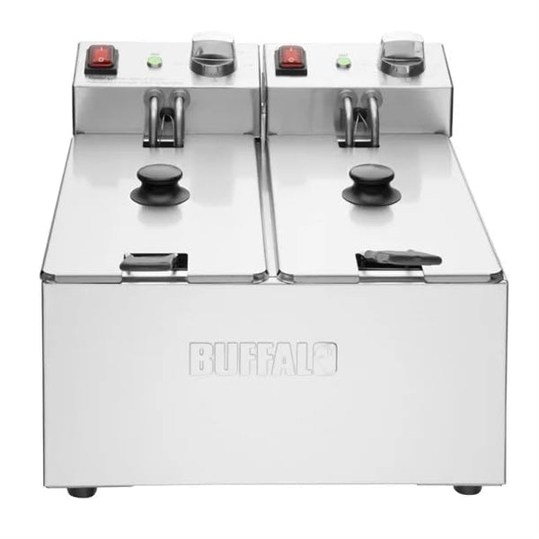 Buffalo Twin Tank Twin Basket 2x3Ltr Countertop Fryer 2x2kW - Kitchen Commercial Stainless Steel Double Deep Fat Fryer Machine for Chips French Fries Donuts CU615