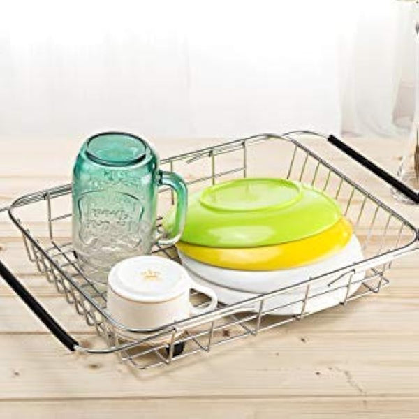 SANNO Expandable Dish Drying Rack with Utensil Cutlery Holder, Dish Drainer Shelf Dish Rack in Sink On Counter with Utensil Silverware Cutlery Holder, Rustproof Stainless Steel