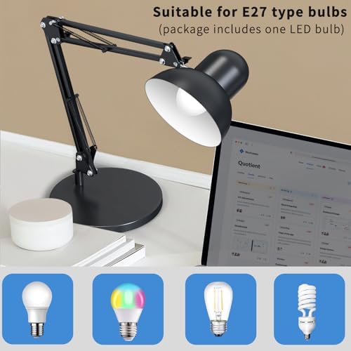 LONGTOO Bigger Table Lamp with E27 Screw Bulb, Flexible Clamp on Desk Light, Adjustable 65cm Swing Arm Light for Office, Bedside, Studying, and Reading