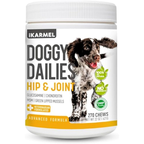 iKarmel Joint Supplements for Dogs | Hip and Joint Care | with Glucosamine, Chondroitin, and Green-Lipped Mussels | Puppy to Senior Dog Treats for Stiff Joints (270 Chews)