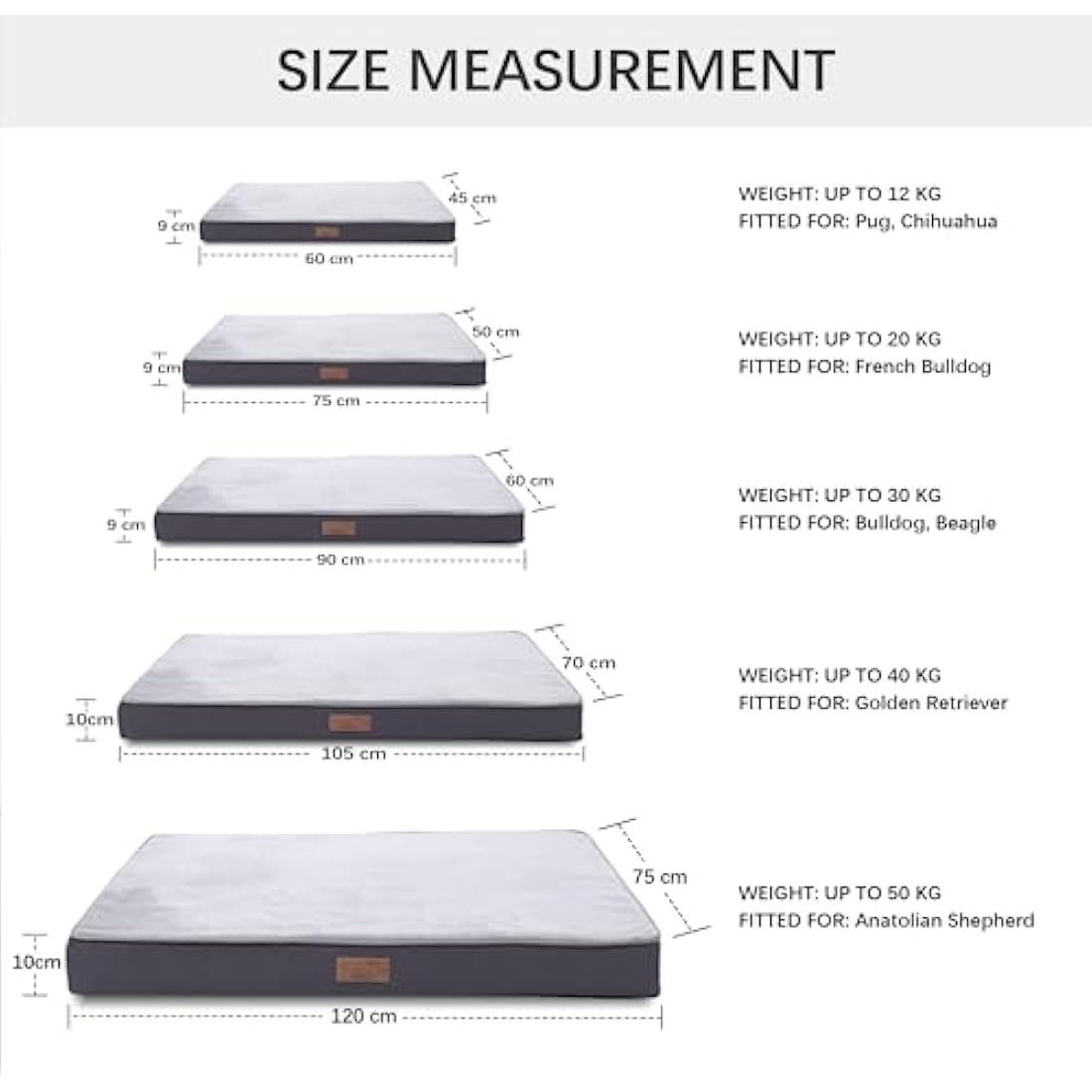 Jaspuriea Small Orthopedic Dog Beds with Waterproof Removable Cover, Anti-Slip Washable Dog Bed, Deluxe Flannel Comfy Dog Crate Mattress, Grey, 60x45x9cm