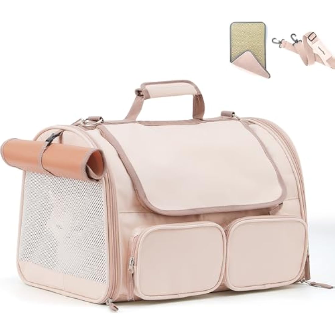 FUKUMARU Cat Carrier, 4 Mesh Windows Small Dog Carrier, 4 Storage Pockets Cat Travel Bag, Under 6.8 Kg Airline Approved Pet Carrier, Rollable Cover for Nervous Cats, Pink
