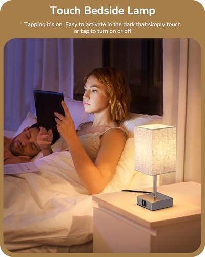 EDISHINE Bedside Lamps Set of 2, 3 Way Dimmable Table Lamps with USB A+C Charging Ports, LED Bulb Included, Touch Lamps for Bedroom, Living Room, Beige Linen Lampshade, 2700K