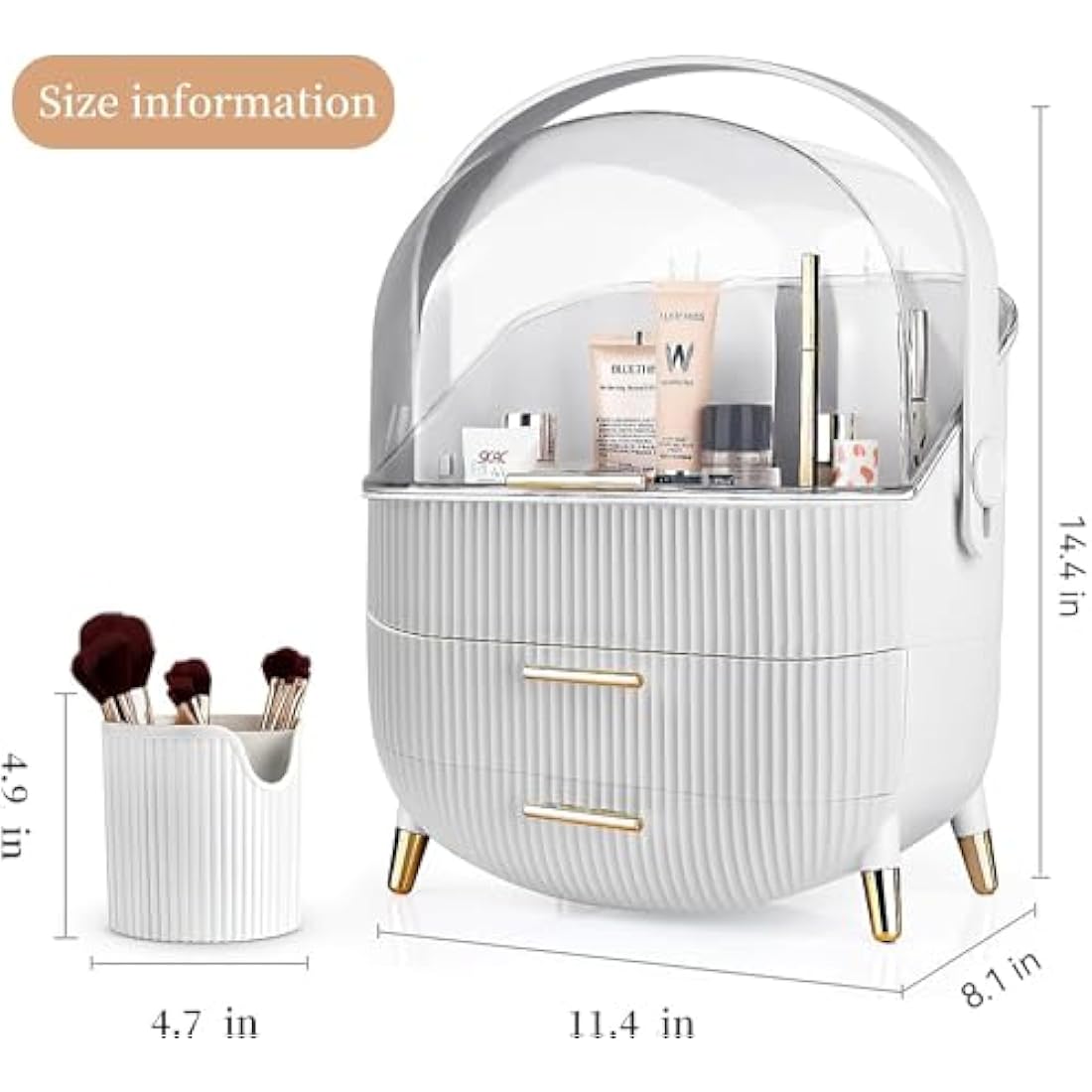 Kousee Makeup Organiser and Storage, Portable Waterproof Dustproof Organizer with Lid, Cosmetic Display Case Skincare Organizers for Vanity, Bathroom, B-White