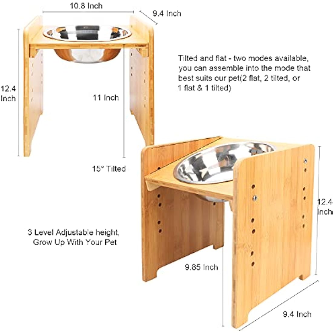 FOREYY Set of 2 Raised Pet Bowls for Cats and Small Dogs - Bamboo Tilted Single Elevated Dog Cat Food and Water Stand Feeder with 2 Stainless Steel Bowls and Anti Slip Feet for Comfort Feeding(Large)