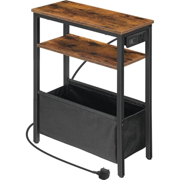 HOOBRO Narrow Side Table, Slim Side Table with Charging Station, USB Ports and Power Outlet, Bedside Table for Small Space, 40 x 20 x 60 cm, for Living Room, Rustic Brown and Black EBF125KBZ01