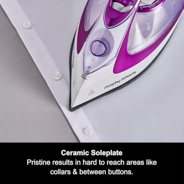 Morphy Richards TurboGlide Steam Iron, Ceramic Non-stick Soleplate, 150g Steam Boost, 40g Steam Output, 400ml Water Tank, Anti Drip, Anti Scale, Auto Shut-off, 3m Cord, 2800W, Purple, 302000