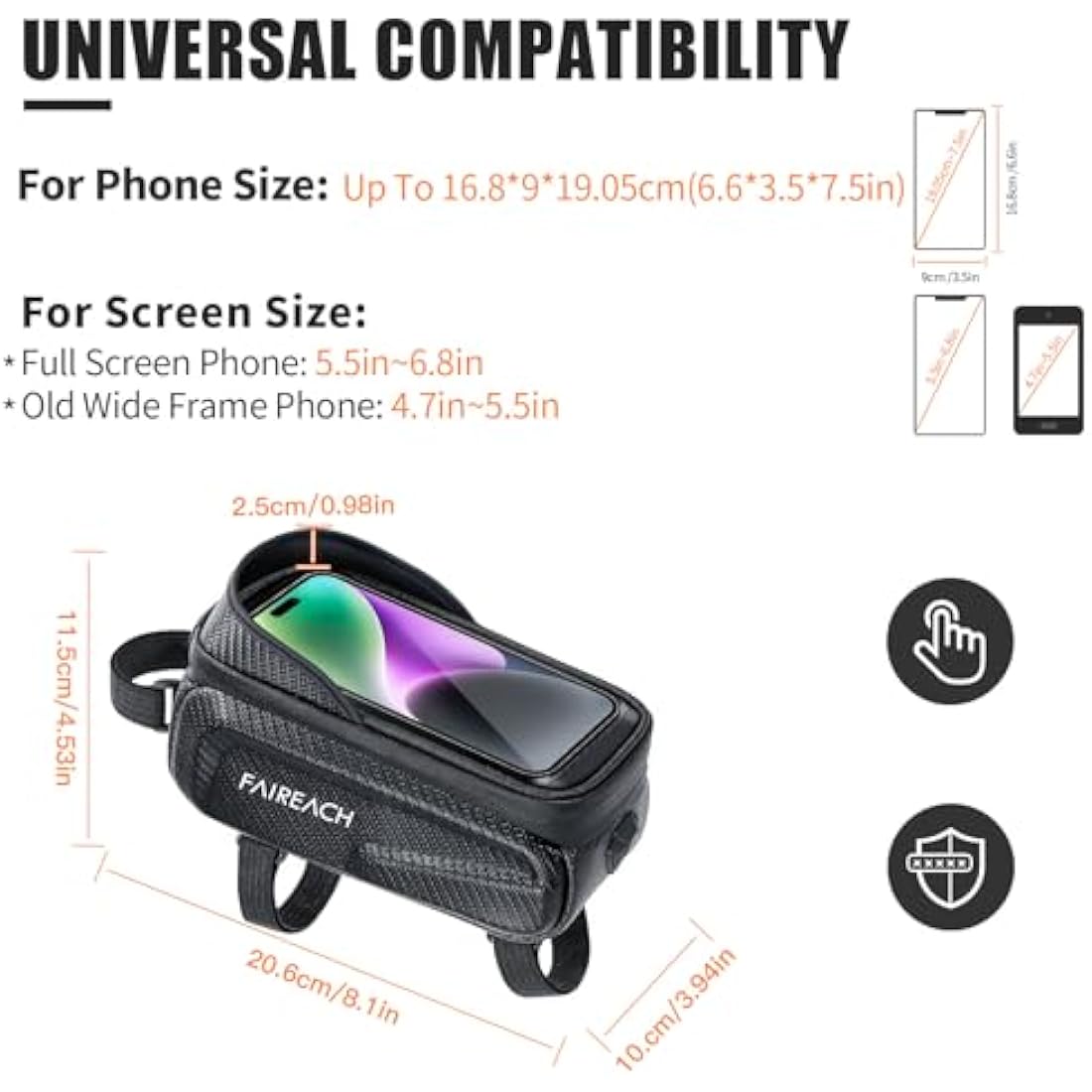 Faireach Bike Handlebar Bag with Mobile Phone Holder, Bicycle Frame Top Tube Pouch, Waterproof Cycle Cell Phone Mount with Touch Screen Window, for iPhone Samsung Smart Phone up to 6.8''