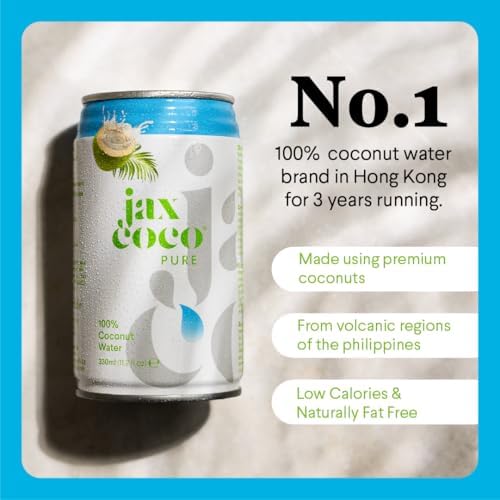 JAX COCO | 100% Pure Coconut Water | No Added Sugar, Low Calorie | Convenient On-the-Go Cans | Fresh from Volcanic Philippines regions | 24x 330ML Cans