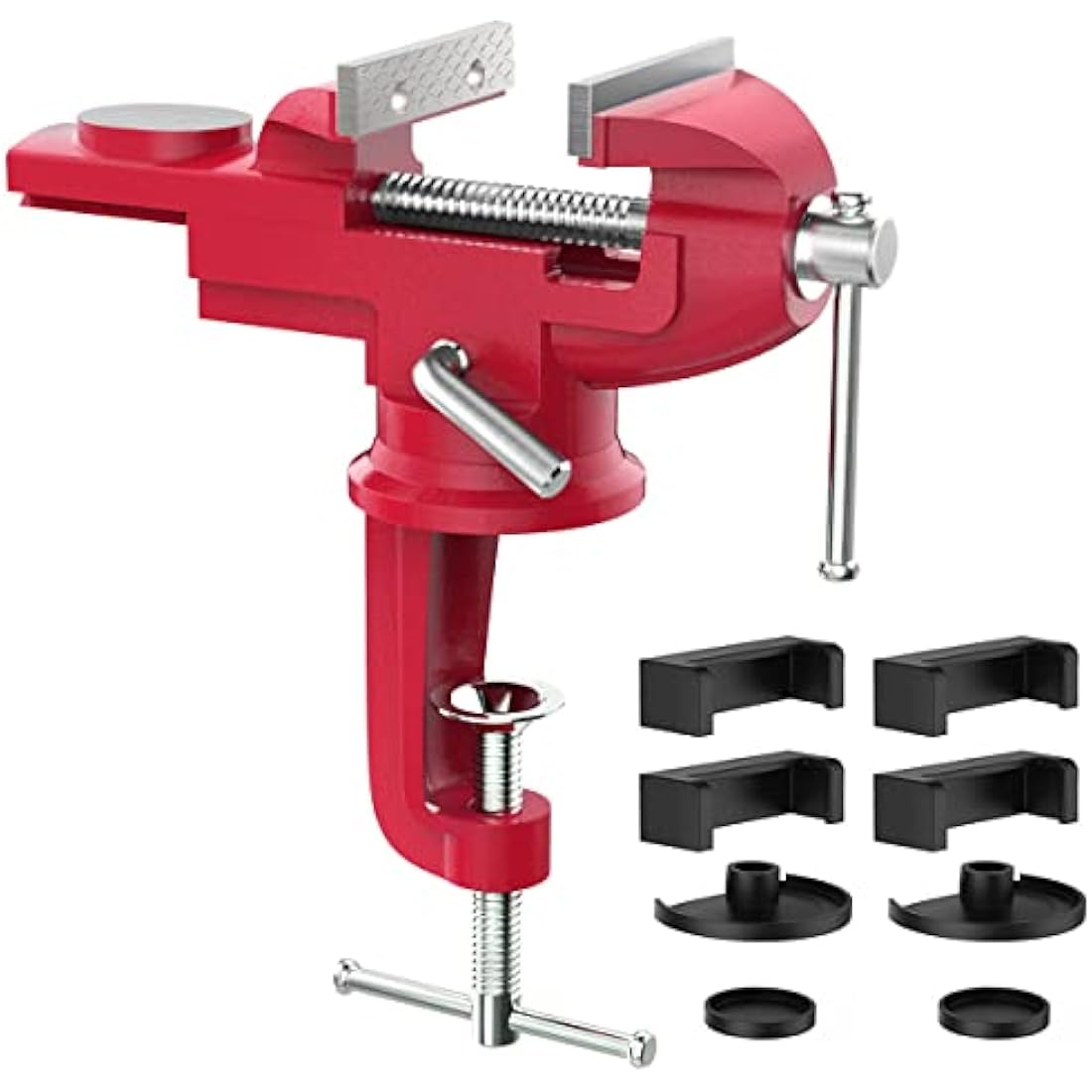 Housolution Universal Table Vise 3 Inch, 360°Swivel Base Bench Clamp Home Vise Clamp-On Vise Repair Tool Portable Work Bench Vise for Woodworking, Cutting Conduit, Drilling, Metalworking - Red