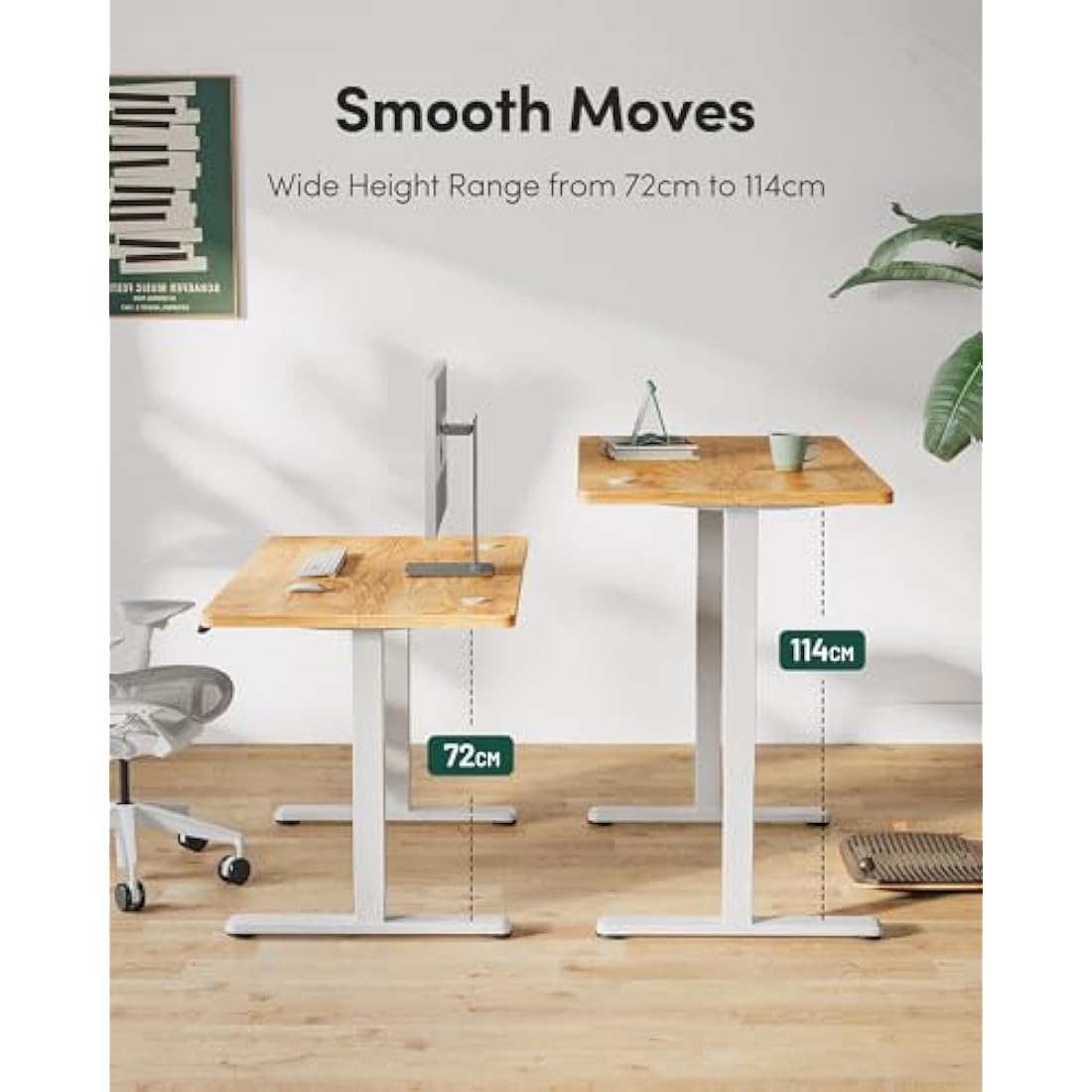 FEZIBO Electric Height Adjustable Standing Desk, 60x120cm Ergonomic Home Office Table with Splice Board & Light Brown Wood Grain Surface, Upgraded Stable Steel Frame for Sit-Stand Workstation