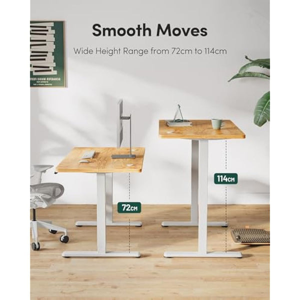 FEZIBO Electric Height Adjustable Standing Desk, 60x120cm Ergonomic Home Office Table with Splice Board & Light Brown Wood Grain Surface, Upgraded Stable Steel Frame for Sit-Stand Workstation