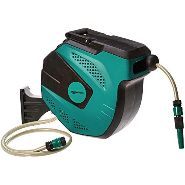 Amazon Basics Auto-Rewindable Hozelock Wall-Mounted Hose Reel, 15 m, Black Green