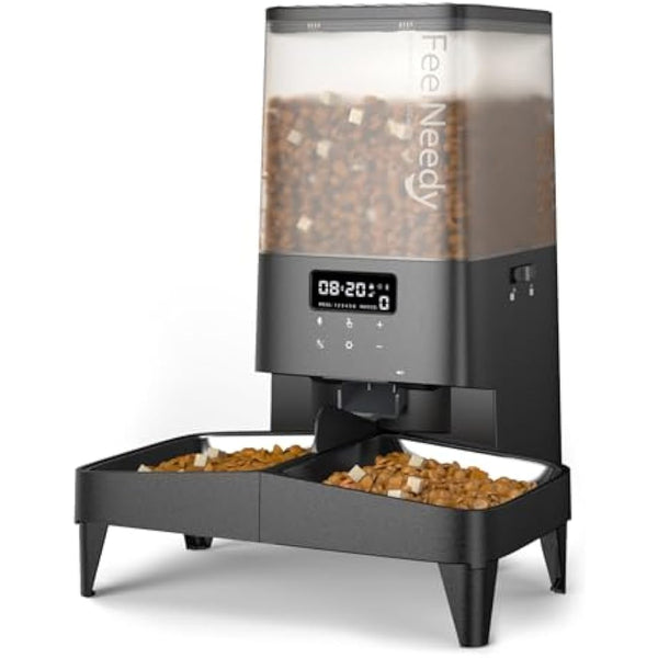 FEELNEEDY 5L Automatic Pet Feeder, Automatic Cat Feeder with Timer, Up to 6 Meals per Day with 2 Detachable Cat Bowls, Battery/Plug-in Power, 10s Voice Recording
