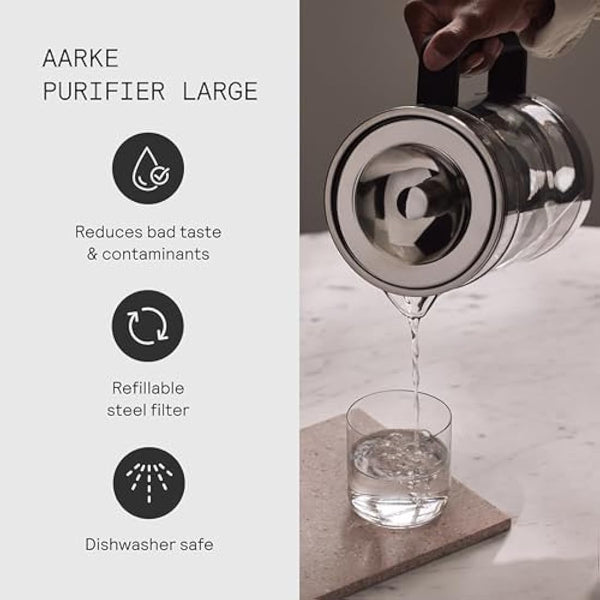Aarke Purifier Large, Water Filter Jug in Glass and Stainless Steel, 2.8L / 12 Cups, Includes Aarke Pure Filter Refill Bag