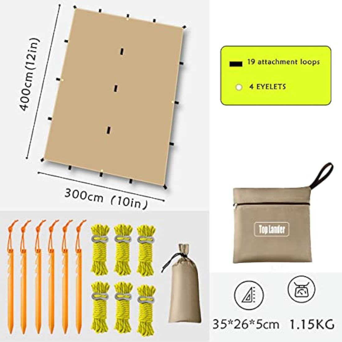 3X4m Camping Tarp Tent Shelter Lightweight Hammock Rain Fly for Bushcraft Picnic Backpacking Outdoor Survival Bivvy Tent (beige)