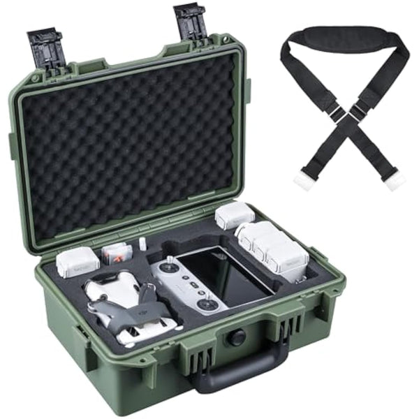 Lykus Titan MM410 Waterproof Hard Case for DJI Mini 4 Pro/Mini 3/Pro and RC2/RC/RC-N2/N1, Green with Shoulder Strap, Support 7 Batteries and RC Lanyard [CASE ONLY]