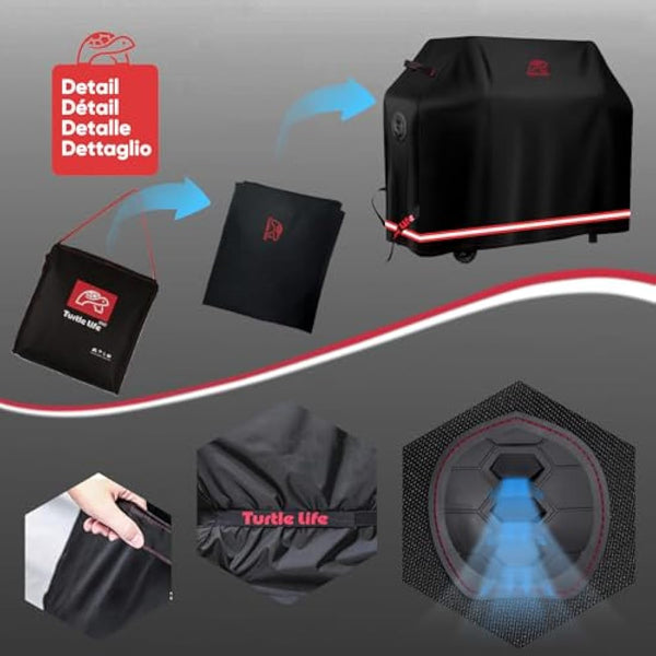 Turtle Life BBQ Grill Cover, 58 Inch Heavy Duty Waterproof 3-4 Burner Barbecue Gas Grill Covers for Weber Spirit Char-Broil Performance and Signature, No Fading Within 2 Years, Black 147x66x119cm