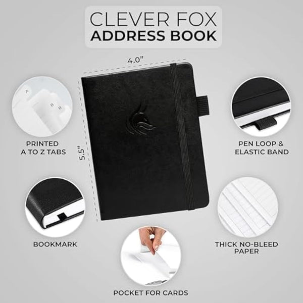 Clever Fox Address Book with alphabetic tabs - PU Leather Telephone and Address Book for Keeping Contacts Safe, Contact Organizer Journal, Small Size (10.5 x 14cm), Hardcover, Black