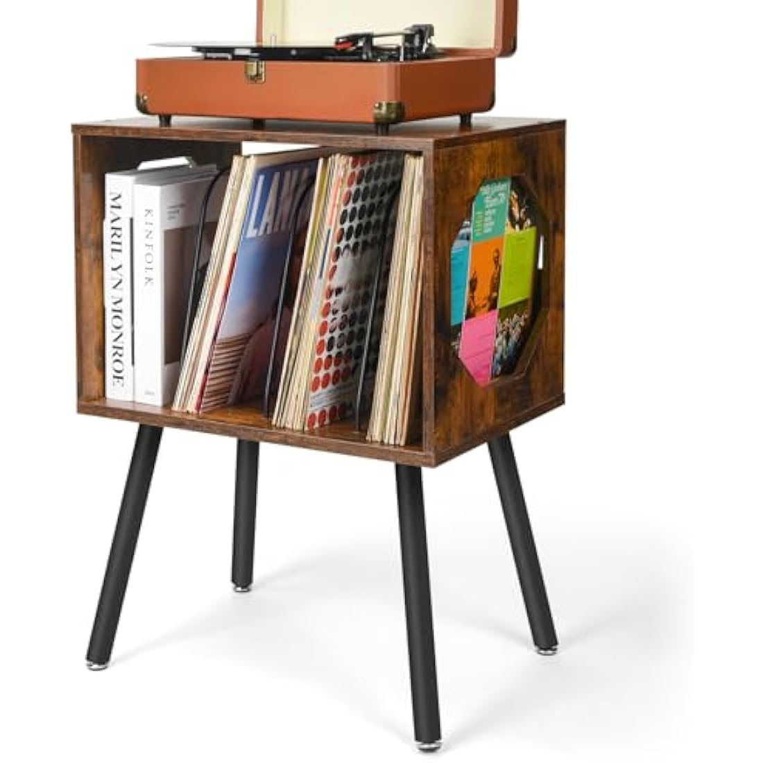 ikkle Rustic Record Player Stand, Record Storage Cabinet Holder with Metal Legs Holds 150 Albums, Turntable Stand Vinyl Record Storage Table for Bedroom Living Room (Brown)