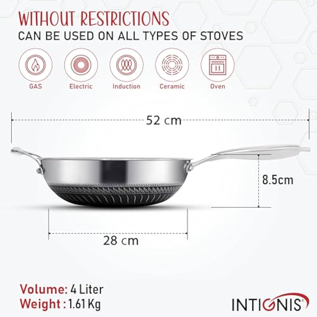 INTIGNIS® 28cm Stainless Steel Wok with Lid | 5L Heavy-Duty Non-Stick Wok Pan | Induction, Oven Safe | Dishwasher Safe | Anti Scratch | Large Frying Pan with Lid for All Hobs