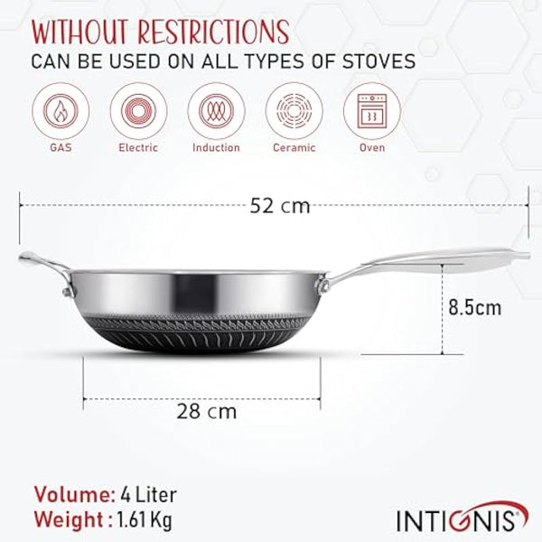 INTIGNIS® 28cm Stainless Steel Wok with Lid | 5L Heavy-Duty Non-Stick Wok Pan | Induction, Oven Safe | Dishwasher Safe | Anti Scratch | Large Frying Pan with Lid for All Hobs