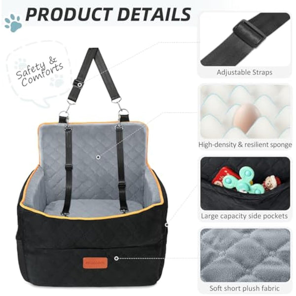HEGGCOOE Small Dog Car Seat, Memory Foam Dog Booster Seats with Thick Cushion for Medium Dogs Under 35lbs, Detachable Washable Pet Car Seat with Storage Pockets,2 Safety Belts