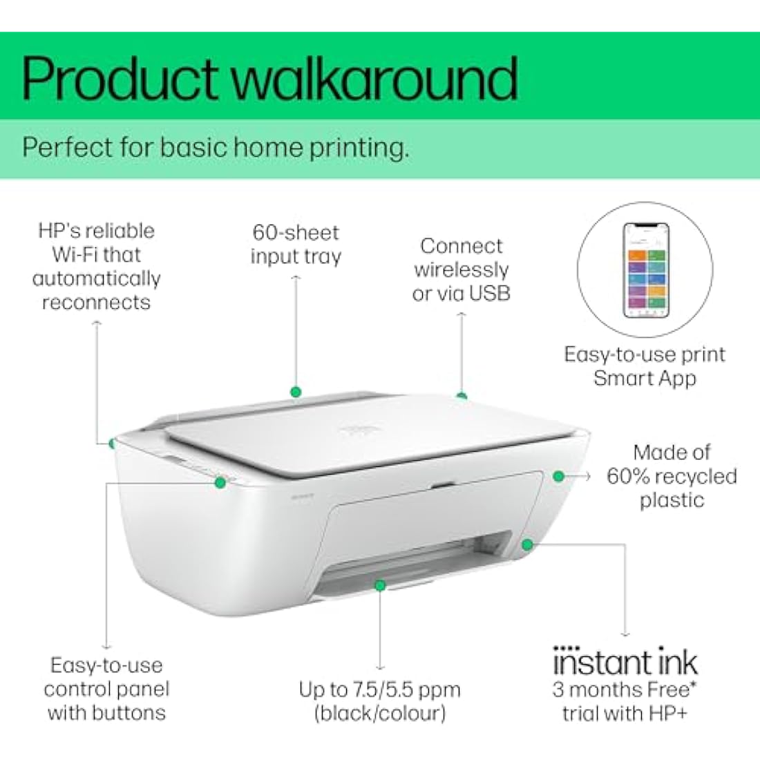 HP DeskJet 2810e All in One Printer | Perfect for Home | Colour | Wireless | Print, Scan & Copy | 3 Months of Instant Ink included Easy Setup & Reliable Wi-Fi | White