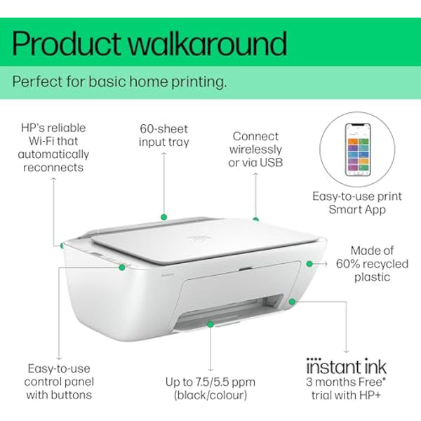 HP DeskJet 2810e All in One Printer | Perfect for Home | Colour | Wireless | Print, Scan & Copy | 3 Months of Instant Ink included Easy Setup & Reliable Wi-Fi | White