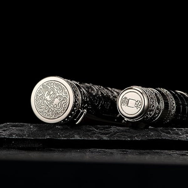 Hong Dian D5 Qin Dynasty Fountain Pen Silver Black Extra Fine Tip Piston Filler Pen Chinese Retro Totem Engraved Soft Writing Pen with Pen Box Set