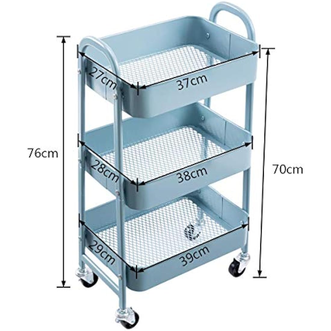 DOEWORKS Storage Trolley on Wheels Metal 3-Tier Kitchen Trolleys Craft Trolley Beauty Trolleys Rolling Utility Storage Cart for Books Room Bathroom Office, Grey-Blue