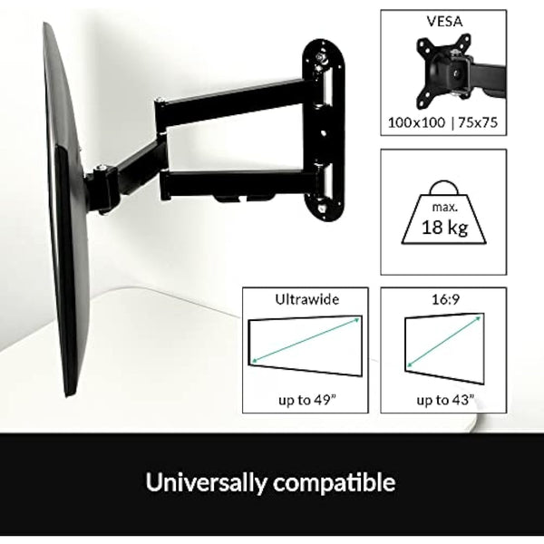 ARCTIC W1C - Wall Mount with Retractable Folding Arm, Wall Space-Saving Attachment, up to 43"; 49" Ultrawide, up to 18 kg (39.6 lbs), Cable Managment, Simple Installation - Black