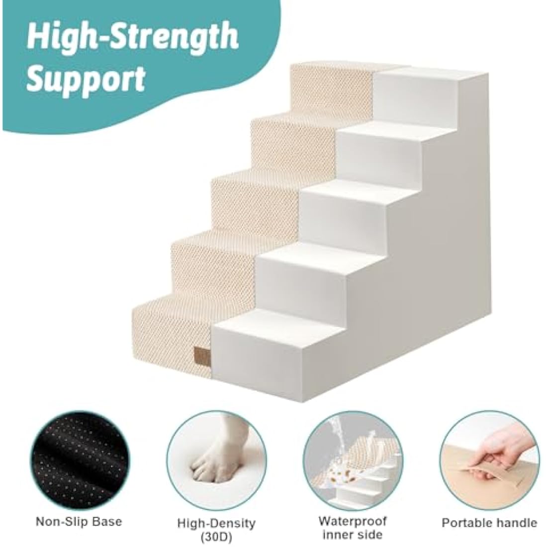 COZY KISS Wide Dog Stairs for Small Dogs, 19.7" Width Pet Stairs for High Bed Car, 60 cm High Non-Slip Dog Steps for Old Cats, Puppies, Small Medium Dogs, 75x50x60cm, 5 Tiers, Beige