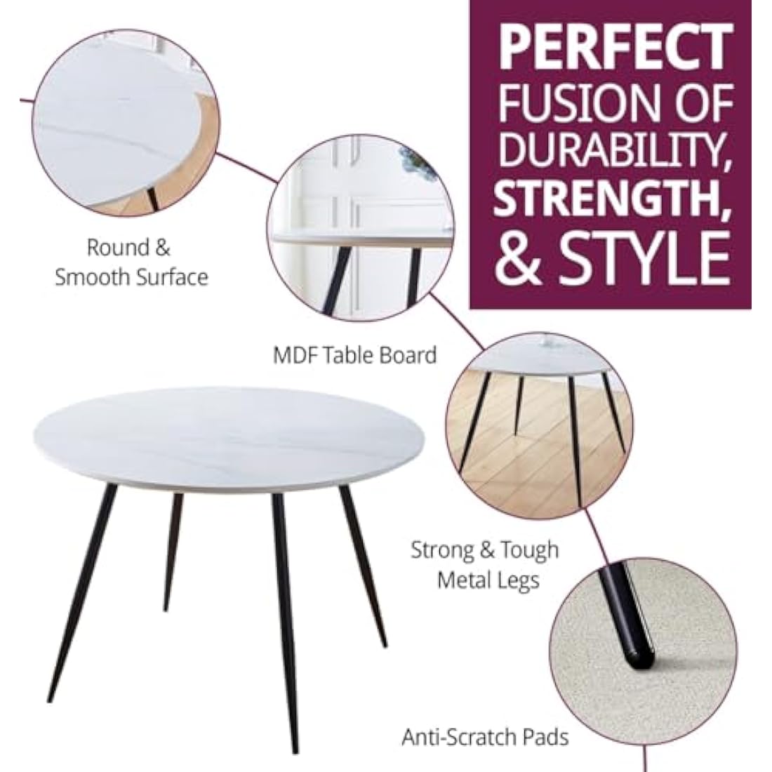 Hallowood Furniture Cullompton Large Marble Effect Top White Dining Table with Black Metal Legs, 4-6 Seater Round Table for Dining Rooms, Kitchens, or Cafés