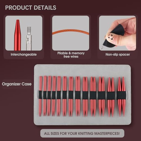 Interchangeable Circular Knitting Needles Set Sizes US 2.5, 3, 4, 5, 6, 7, 8, 9, 10, 10.5, 11, 13, 15 with Cables, Accessories and Case (Rose Red)