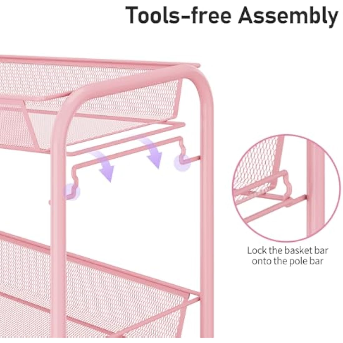 APEXCHASER 4-Tier Rolling Cart,Easy Assemble Mobile Storage Trolley On Wheels,Slide Out Utility Cart Shelving Units Kitchen Bathroom Laundry Room,Pink