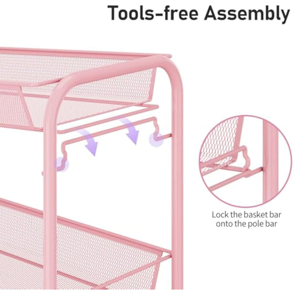 APEXCHASER 3-Tier Rolling Cart,Easy Assemble Mobile Storage Trolley On Wheels,Slide Out Utility Cart Shelving Units Kitchen Bathroom Laundry Room,Pink