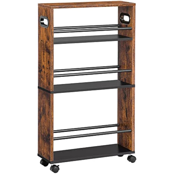 HOOBRO Slim Storage Trolley, Narrow Kitchen Cart for Small Space, Slide Out Kitchen Trolley on Wheels, 4-Tier Rolling Utility Cart with Handle, Bathroom, Living Room, Rustic Brown EBF15TC01