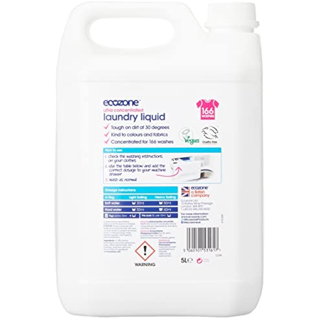EcoZone Ultra Concentrated Biological Laundry Liquid, Bio Detergent, Washing Machine Powerful Clothing Stain Removal & Cleaning, Natural Vegan, Non Toxic, Eco Friendly, Gentle on Skin, 166 washes (5L)