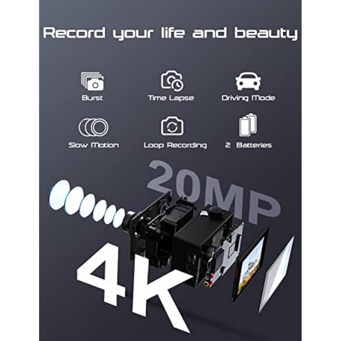 Apexcam 4K Action Camera 20MP 40M Waterproof Sports Camera for Vlog With Ultra HD 170°Wide-Angle 2.4G Remote Control 2 Rechargeable Batteries 2.0'' LCD Screen and Accessories Kit