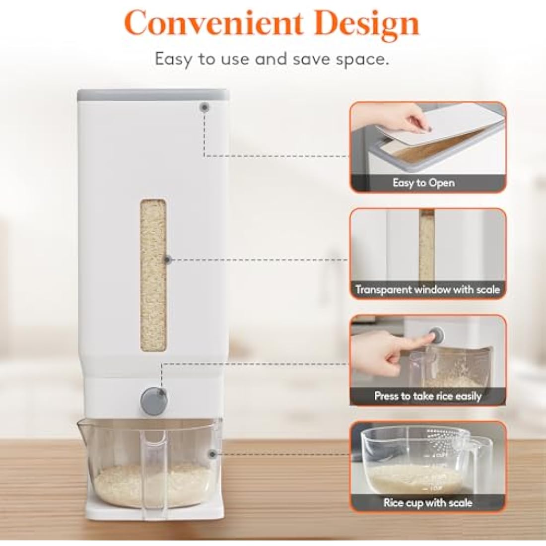 Lifewit Rice Container 25.4 Lbs, Rice Dispenser with Measuring Cup, Cereal Containers Storage, Sealed Moisture Proof Rice Bucket, Dry Food Grain Flour Soybean for Kitchen Pantry Household, White