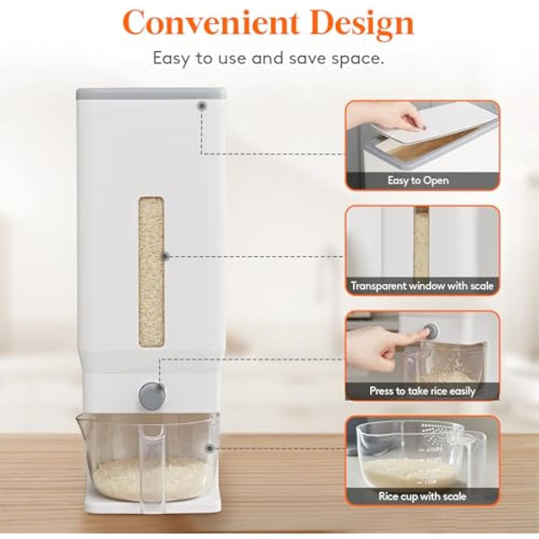 Lifewit Rice Container 25.4 Lbs, Rice Dispenser with Measuring Cup, Cereal Containers Storage, Sealed Moisture Proof Rice Bucket, Dry Food Grain Flour Soybean for Kitchen Pantry Household, White