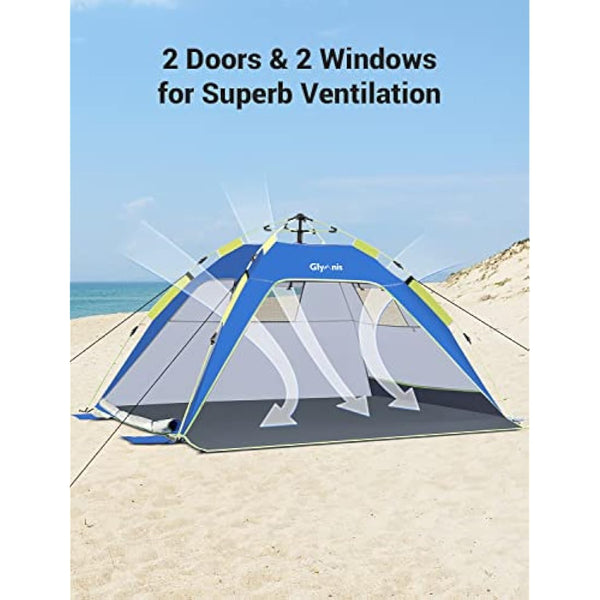 Glymnis Pop Up Beach Tent 3-4 Person Instant Pop Up Automatic Beach Tent UV Protection with Side Door, Easy Setup Portable Sun Shelter for Garden, Fishing, Picnic