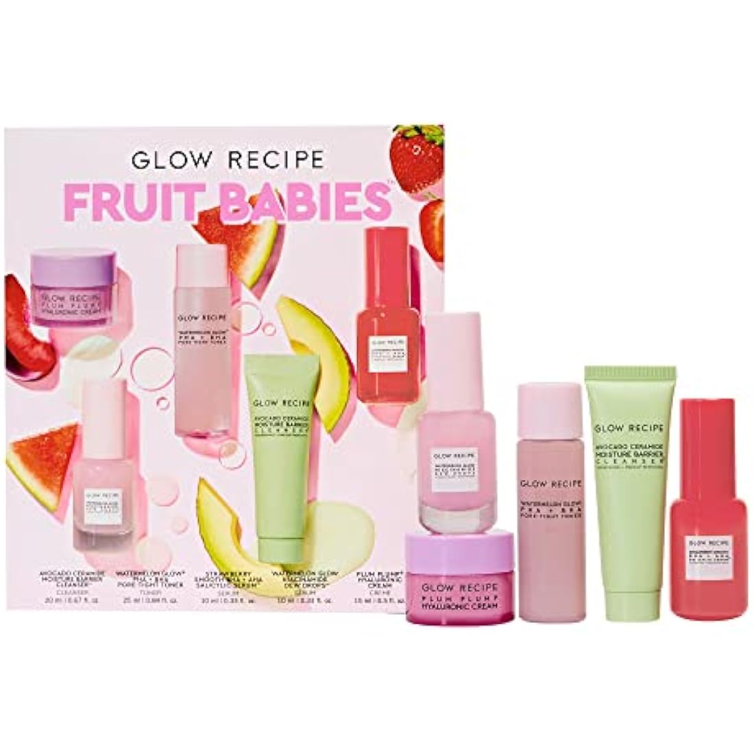 Glow Recipe - Fruit Babies s Kit Mini Travel Size Beauty Essentials Avocado Foam Cleanser, Niacinamide Dew Drops Serum, Pore-Tight Toner, Salicylic Hyaluronic Acid Cream (5 Count), 0.65 pounds